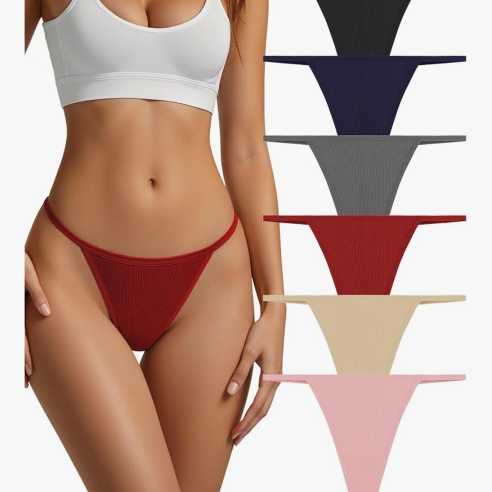 Everyday Ribbed Thong Panty - 6-Pack (Red, Navy, Gray, Black, Beige, Pink)